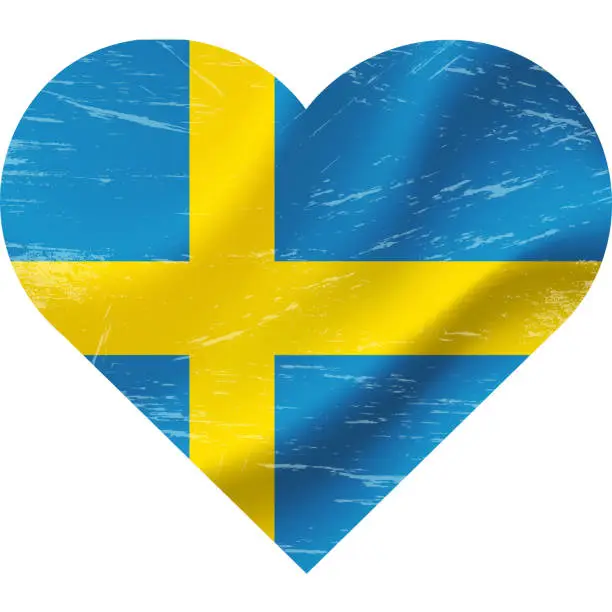 Vector illustration of Sweden flag in heart shape grunge vintage. Sweden flag heart. Vector flag, symbol.