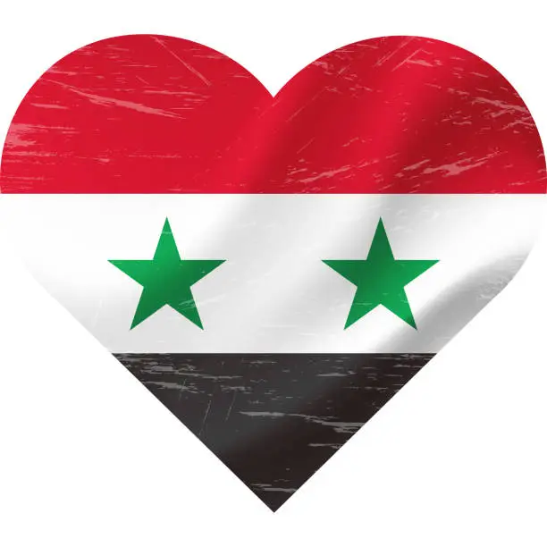 Vector illustration of Syria flag in heart shape grunge vintage. Syrian flag heart. Vector flag, symbol.