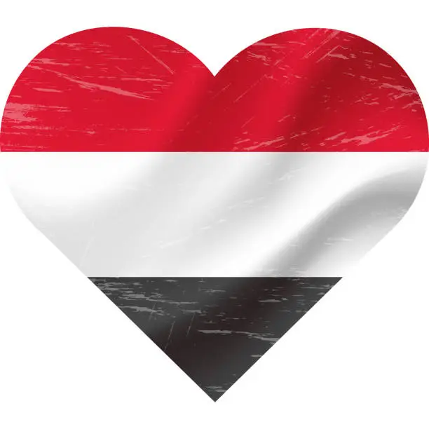 Vector illustration of Yemen flag in heart shape grunge vintage. Yemen flag heart. Vector flag, symbol.