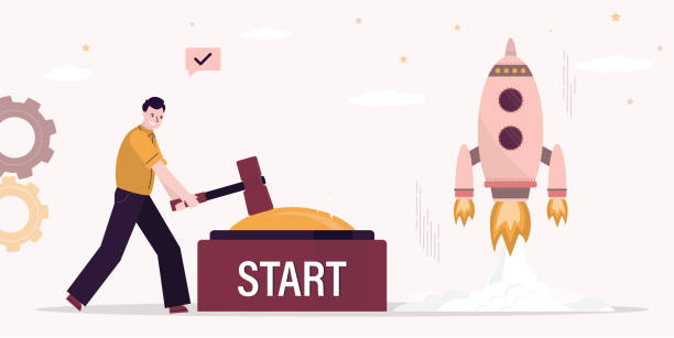 istock Businessman uses hammer and push start button. Motivation concept. Start business, rocket launched, entrepreneur to begin new company, startup launch project, 2002450562
