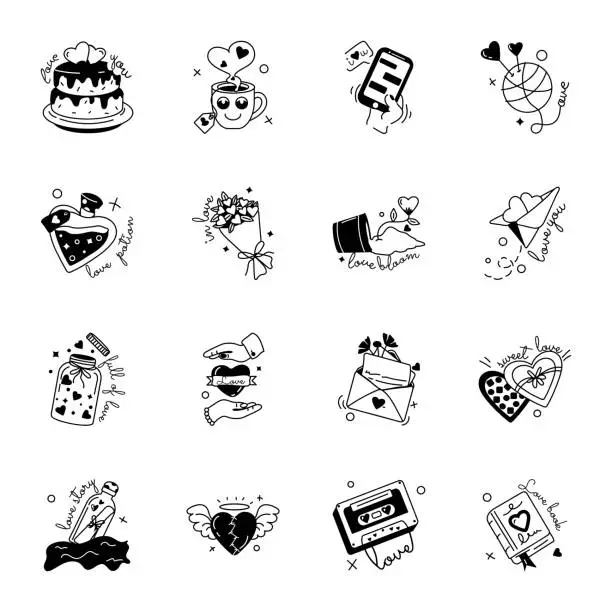 Vector illustration of Collection of Valentine Day Glyph Stickers