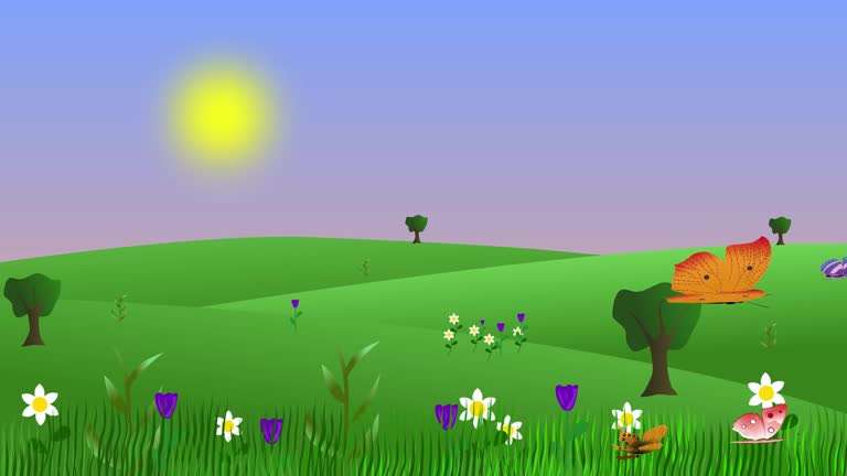 Spring environment animation with butterflies and fields, flat graphic cartoon background