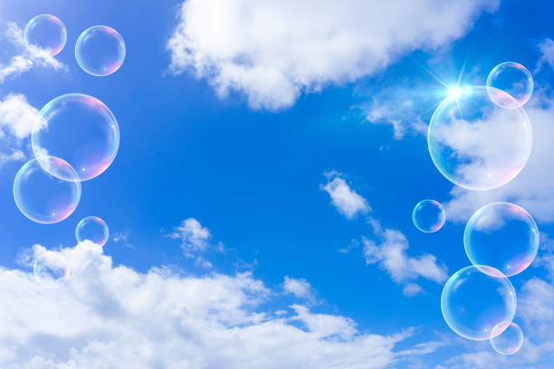 istock Background material of refreshing blue sky, clouds and sparkling soap bubbles 2002481439