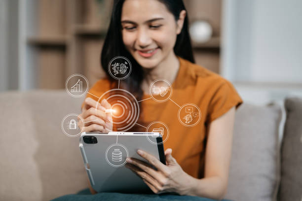 istock Digital transformation technology strategy, Person using laptop, tablet and smartphone with of things. transformation of ideas and the adoption. 2002486745