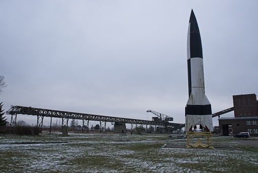 Peenemunde, Germany - Jan 10, 2024: Development and production site of the V1 and V2 rockets in Peenemunde during the Second World War. Tests on the Baltic sea. Cloudy winter day Selective focus