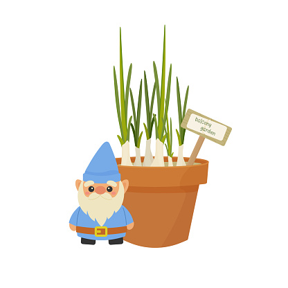 Garden gnome, plant spring planting concept in cartoon style for card, print, sticker, postcard vector.