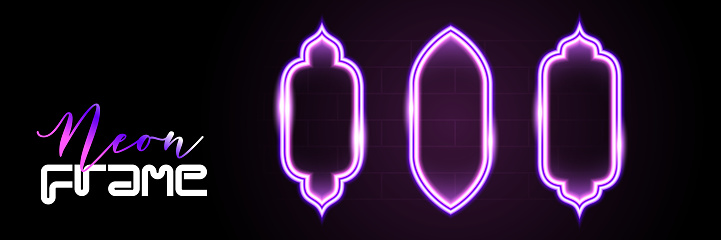 Glamorous neon frames. The silhouette of gate to the mosque. Islamic, Oriental, Arabic style. A bright vector portal for applications, websites in techno, retro, cyber design
