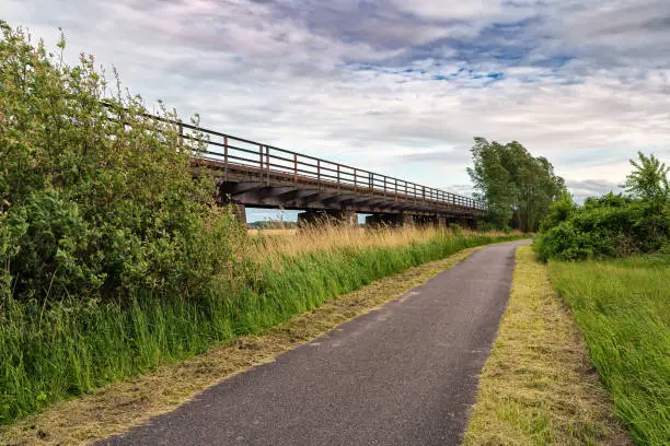 ehemalige Zugstrecke der Darßbahn in Bresewitz, kurz vor der Meiningenbrücke zur Halbinsel Fischland-Darß, Mecklenburg-Vorpommern, Deutschland