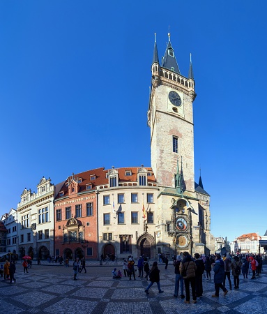Prague, Czech Republic, January 28, 2024: Low angle view of the famous Oldtown Hall (Czech: Staromstská radnice) in the Old Town of Prague on a sunny afternoon.