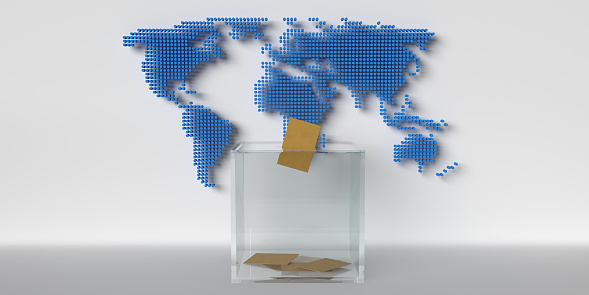 A transparent ballot box in front of a map of the world and a vote cast in it.\n2024 is a year in which elections almost all over the world coincide with the same year. This year, billions of people will go to the polls and vote for democracy.