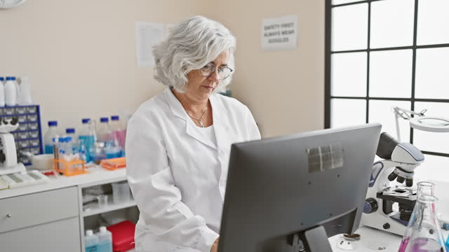 Grey-haired woman scientist feeling neck pain in laboratory