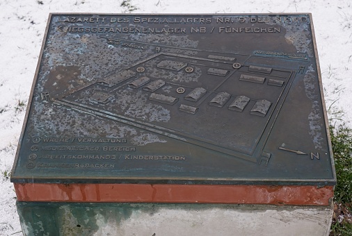 Neubrandenburg, Germany - Jan 15, 2024: Stalag II A prisoners camp. About 6000 Soviet-POWs and 500 prisoners-of-war with another nationality died in this camp. Cloudy winter day. Selective focus