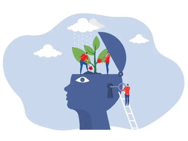Vector illustration of Team business people Watering plants with big brain growth mindset concept vector