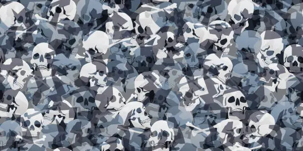 Vector illustration of Abstract camo seamless pattern with skulls and bones.