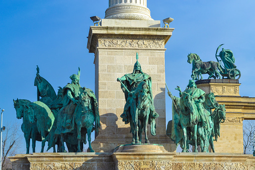 Budapest. Hungary-December,17 2014:Details of Heroes Square monument in the Hungarian capital city. Budapest .In the center of the square stands a memorial statues of the leaders of seven tribes