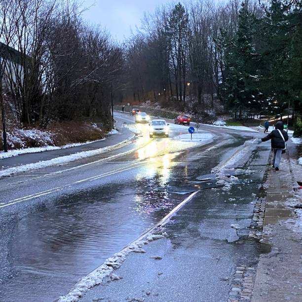 Heavy rain caused road flooding, aggravated by a blocked drain. The photo was taken in the morning in Holte, a Copenhagen suburb, on February 9, 2024.