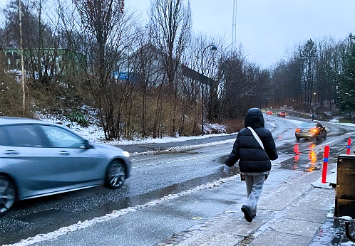 Heavy rain caused road flooding, aggravated by a blocked drain. The photo was taken in the morning in Holte, a Copenhagen suburb, on February 9, 2024.