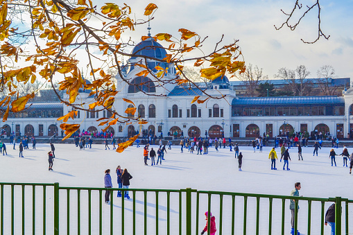 Budapest,Hungary-December 17rg 2014:City Park Ice Rink and Boating Vajdahunyad Castle-19th-century, outdoor, public skating rink in park, with classes, plus skate rental and sharpening
