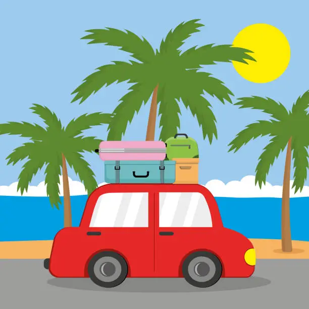 Vector illustration of Summer landscape red car with suitcases on the background of palm trees and the sea in cartoon style