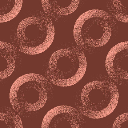 Circles Retro Styled Tilted Seamless Pattern Trend Vector Brown Abstract Background. 50s 60s 70s Retro Style Halftone Art Illustration for Textile Print. Graphic Abstraction Wallpaper Dot Work Texture