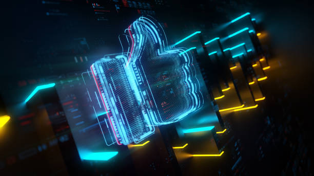 Digital like icon on future tech background. Productivity and rating evolution. Futuristic thumbs up icon and abstract chart in world of technological progress and innovation. CGI 3D render