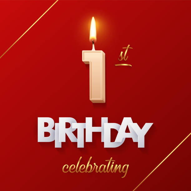istock Birthday 1 number candles with fire for anniversary cake vector illustration. 3D realistic beige wax numbers ten with candlelight, white and gold font on red background for invitation, greeting card 2002635709