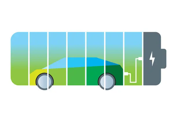 Vector illustration of Electric car charging. Battery charging icon symbolizing EV charging. Blue-green colors show the environmental friendliness of electricity.