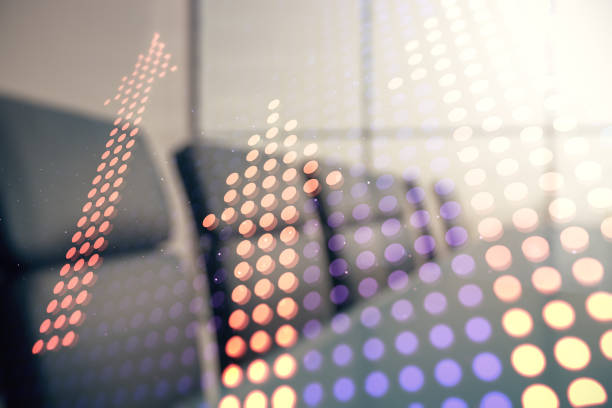 istock Virtual upward arrows illustration on a modern conference room background. Breakthrough and progress concept. Multiexposure 2002639506