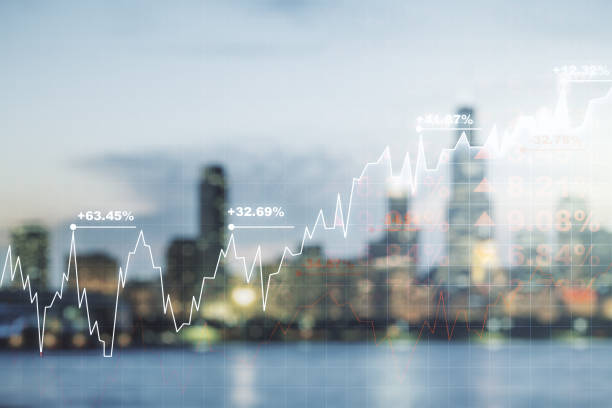 istock Multi exposure of virtual abstract financial graph interface on blurry skyscrapers background, financial and trading concept 2002640066