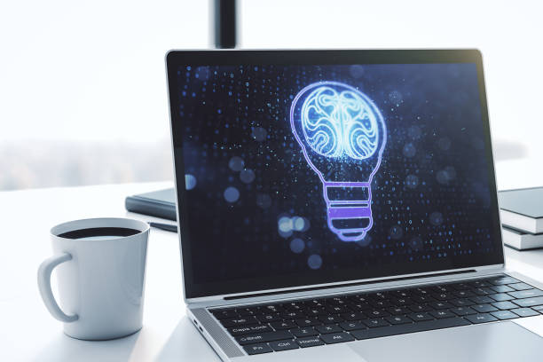 istock Modern computer monitor with creative light bulb hologram with human brain, idea and brainstorming concept. 3D Rendering 2002641155