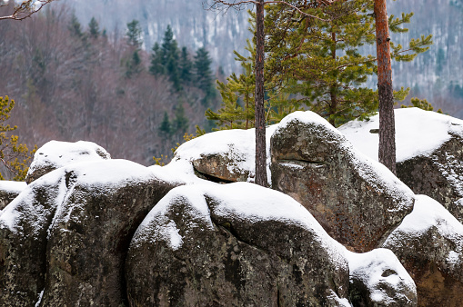 Dovbush rocks winter landscape, Polyanytskiy Regional Landscape Park, Carpathian mountains, Ukraine