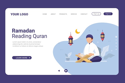 Read and learn the Quran more in the month of Ramadan vector illustration on landing page. Flat vector cartoon illustration ramadan kareem