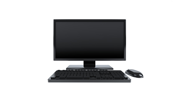 3D Rendering, Close up realistic black computer desktop set, technology and internet equipment mock up design, isolated on white background.