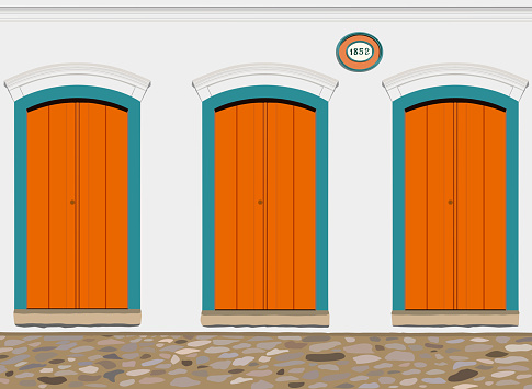 Paraty, Brazil. White house facade with orange and green doors from 1852 from the colonial period and cobblestone street in the historic center. Realistic vector illustration.