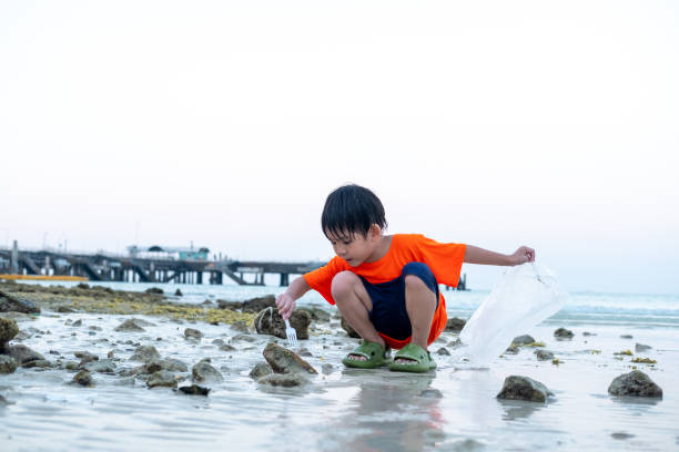istock Little Asian boy helps pick up trash on the sea beach. 2002685873