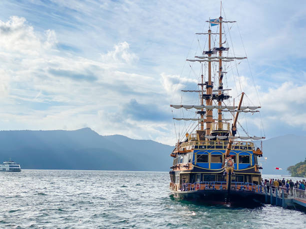 Hakone Japan - 19 Oct 2023: Hakone Sightseeing Cruise (Hakone Pirate Ship) sails on the Ashinoko Lake in Japan