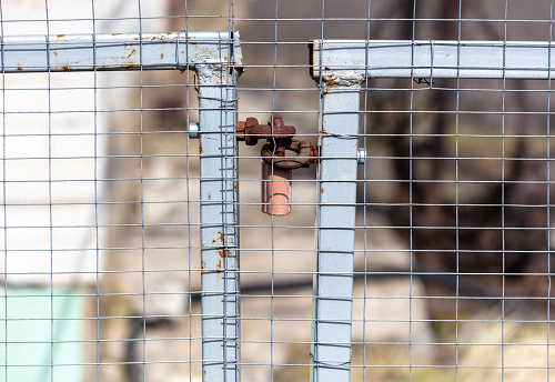 Rusty metal gate with a chain link fence, close-up