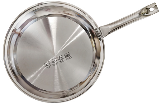 New, modern, large heavy duty non-stick Stainless Steel frying pan, with handle, reverse side view, isolated on white background, directly above view.