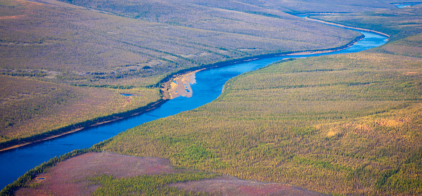 Top view of the autumn Siberian taiga and the Tunguska River with its tributary. Larch taiga in September on the banks of river in northern Siberia in Evenkia.
