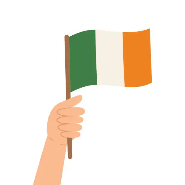 Vector illustration of Hand holding a flag of Ireland. Vector illustration of the Irish flag in flat style.