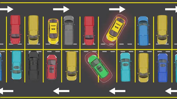 Vector illustration of top view flat of car vehicle with bad driving behavior parking in parking lot spot