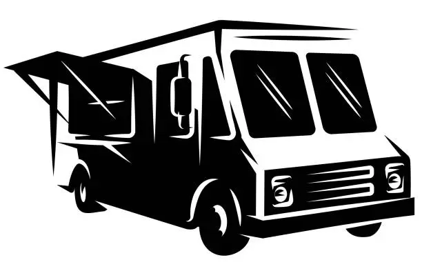 Vector illustration of Food truck template with open window for sale. Vector monochrome image