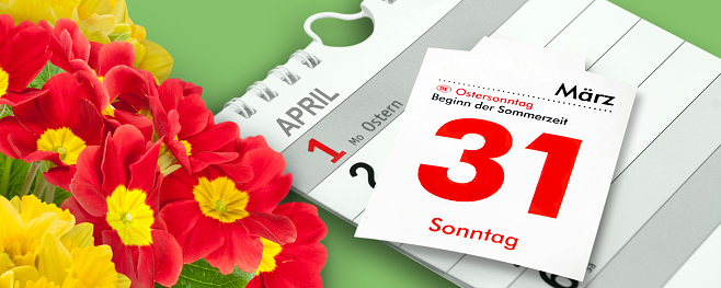 German calendar 2024  Easter Holidays  March 31 and April 1  Monday and Sunday  Start of Summertime with springtime flowers