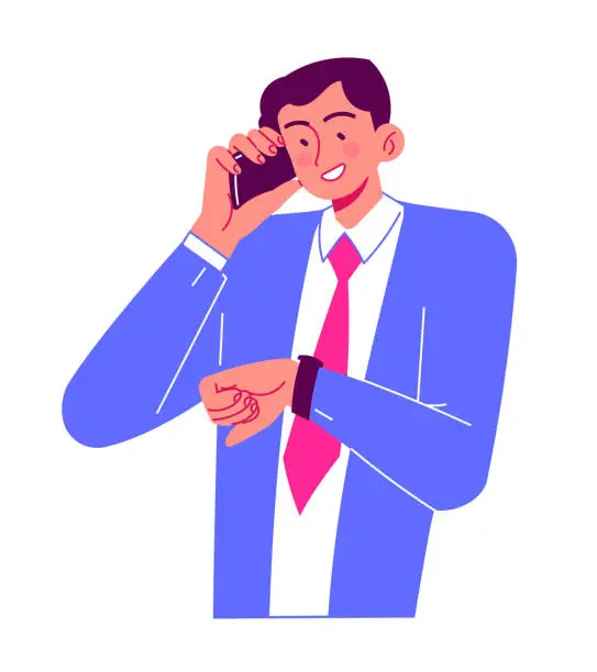Vector illustration of Talking on phone, businessman calling and checking his watch.