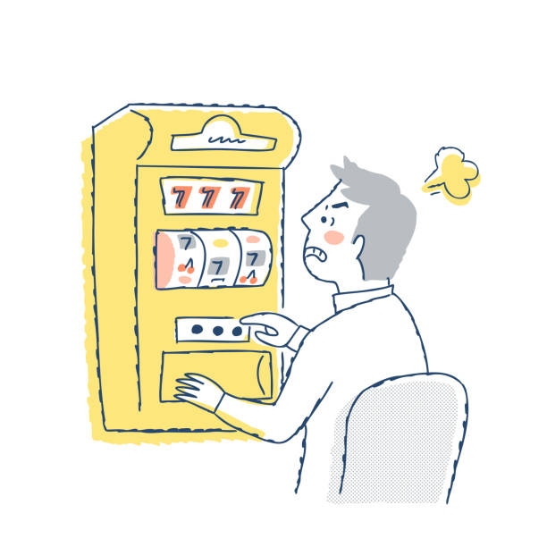 Man with gambling addiction (slots) Men, gambling, slot machines, addiction, illness, stress relief pachinko machine stock illustrations