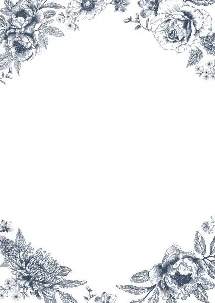 Vector illustration of Botanical blue wedding frame or wreath on white background. Hand drawn floral, flower, leaf branch in toile de jouy style. Line art for wedding, monogram, invitation, greeting, logo, birthday cards