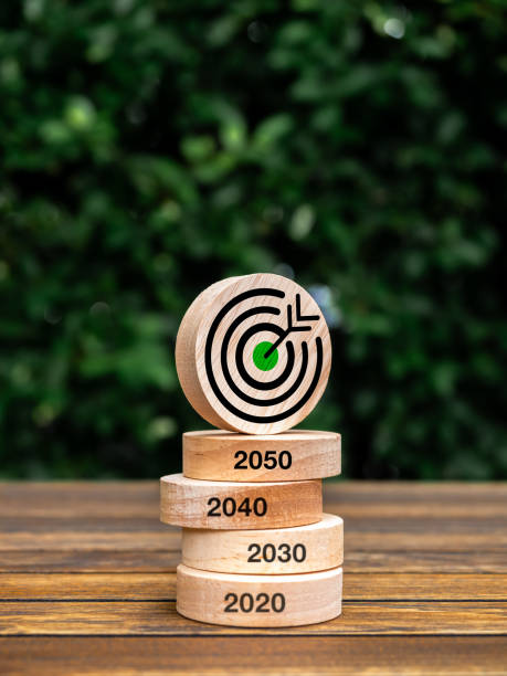 istock Net zero by 2050. Reduce CO2 emissions, carbon dioxide reduction, limit climate change, global warming concept. Green target icon on round wood blocks stack with 2020 to 2050 years on wood background. 2002776013