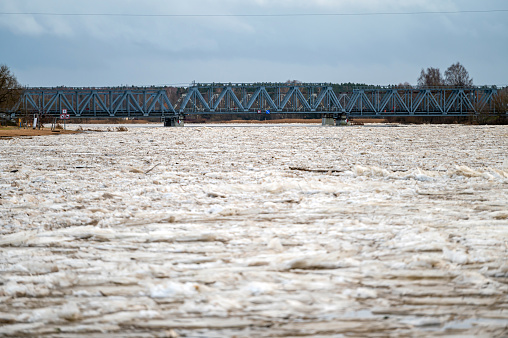 A huge load of ice in the Lielupe river near the railway bridge in Jelgava