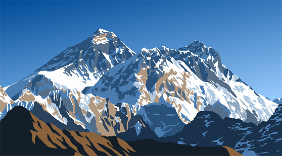 Mounts Everest, Lhotse and Nuptse from Gokyo peak, vector illustration, Khumbu valley, Everest area, Nepal himalayas mountains