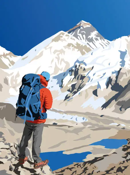 Vector illustration of mount Everest with hiker, vector illustration